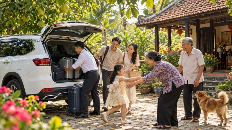 Xe du lịch gia đình về quê nhà vườn Long An tài xế chu đáo hỗ trợ hành lý