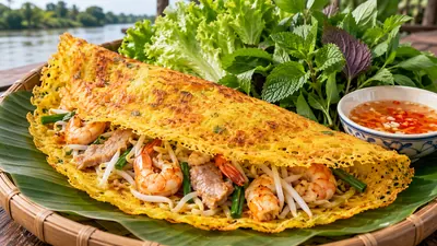 Bánh xèo miền Tây giòn rụm nhân tôm thịt tươi ngon cuốn rau rừng