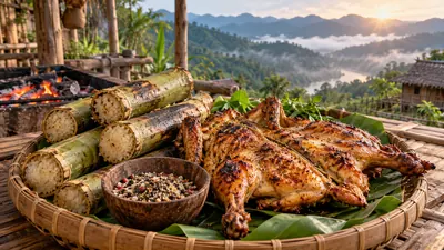 Đặc sản cơm lam gà nướng Bản Đôn thơm lừng than hồng Tây Nguyên